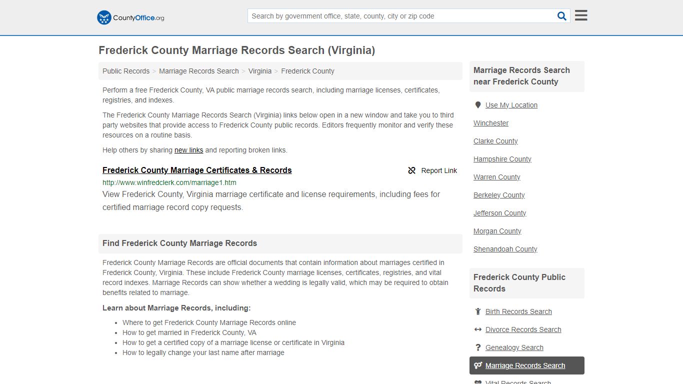 Frederick County Marriage Records Search (Virginia) - County Office