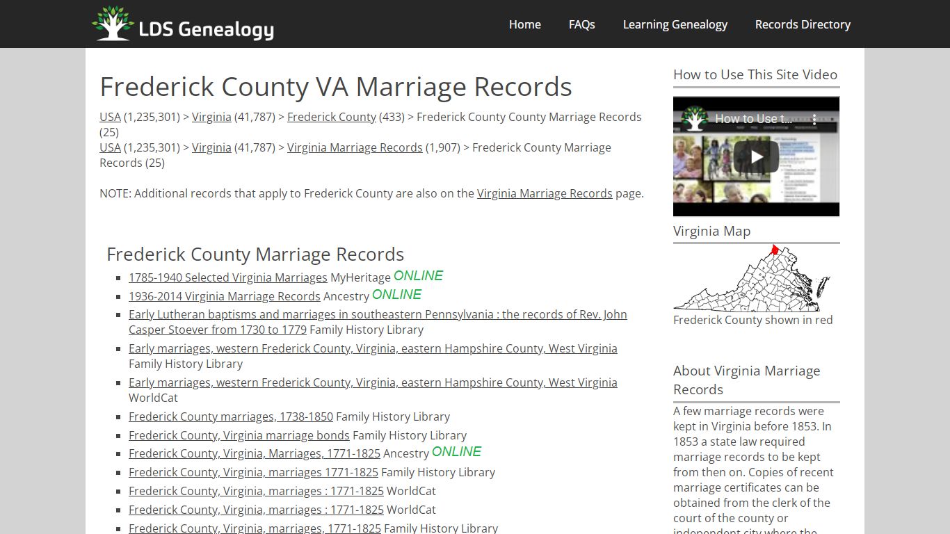 Frederick County VA Marriage Records - LDS Genealogy