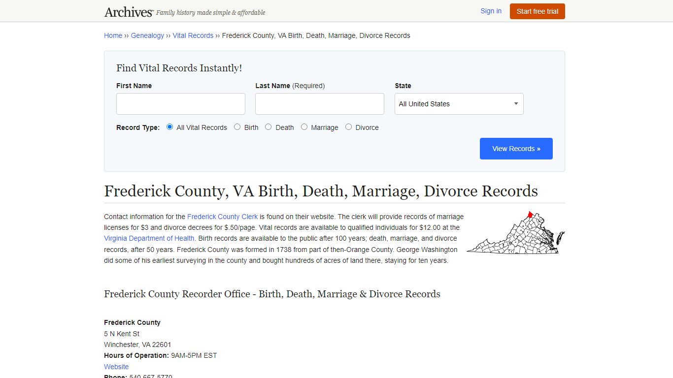 Frederick County, VA Birth, Death, Marriage, Divorce Records - Archives.com